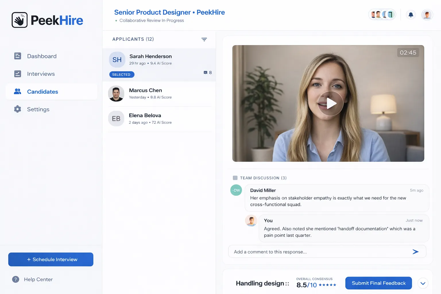 PeekHire review interface showing candidate responses, team discussion, ratings, and applicant list